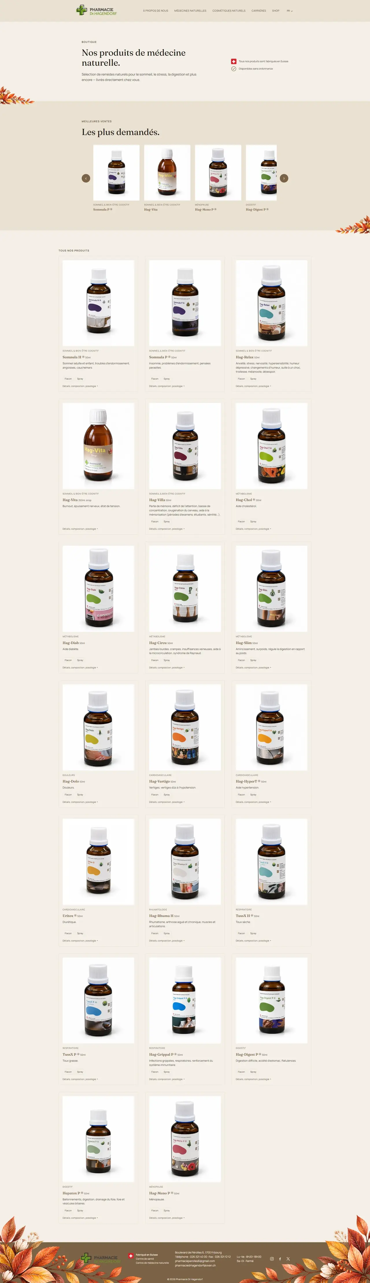 Page boutique entière : « Nos produits de médecine naturelle », un carrousel des plus demandés, puis la grille des vingt produits Hag, chacun avec sa photo de flacon, sa catégorie et ses formats.